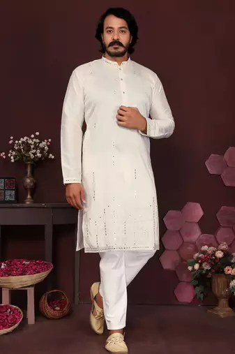 Men's white silk mirror embroidered kurta with pajama set