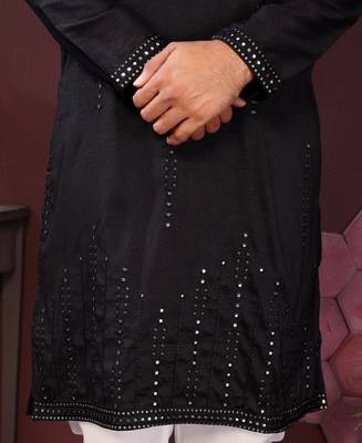 Men's black silk mirror embroidered kurta with pajama set 4