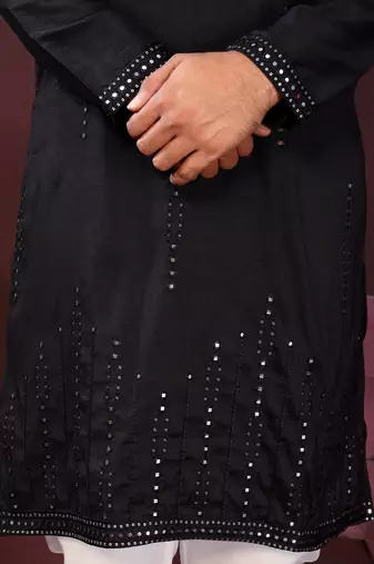Men's black silk mirror embroidered kurta with pajama set