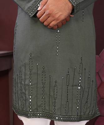 Men's bottle green silk mirror embroidered kurta with pajama set 4