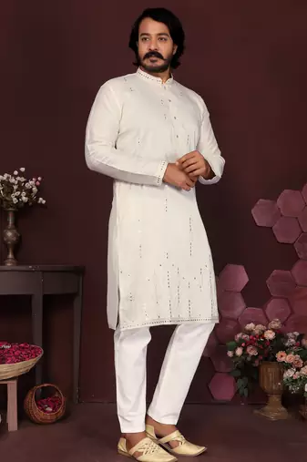 Men's white silk mirror embroidered kurta with pajama set