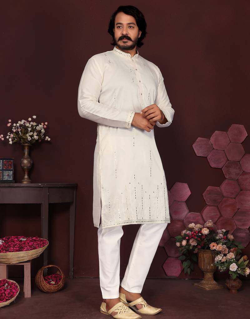 Men's white silk mirror embroidered kurta with pajama set