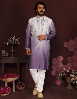 Men's jamuni cotton silk sequins embroidered kurta with pajama set 1