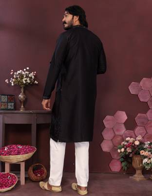 Men's black silk mirror embroidered kurta with pajama set 5