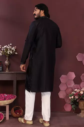 Men's black silk mirror embroidered kurta with pajama set