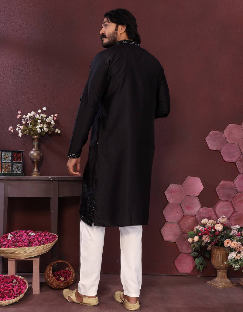 Men's black silk mirror embroidered kurta with pajama set