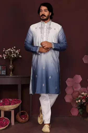 Men's blue cotton silk sequins embroidered kurta with pajama set