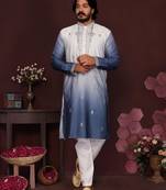 Men's blue cotton silk sequins embroidered kurta with pajama set