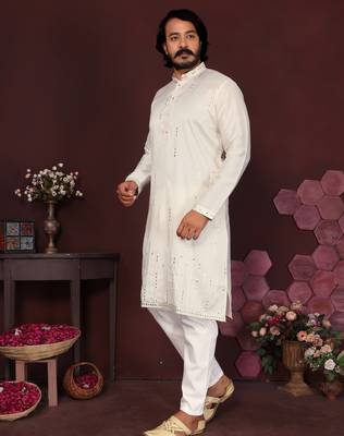 Men's white silk mirror embroidered kurta with pajama set 3