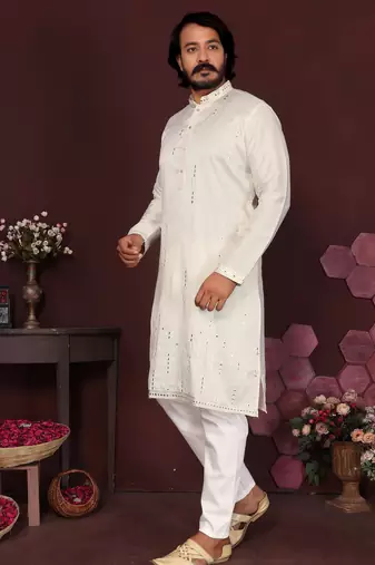 Men's white silk mirror embroidered kurta with pajama set