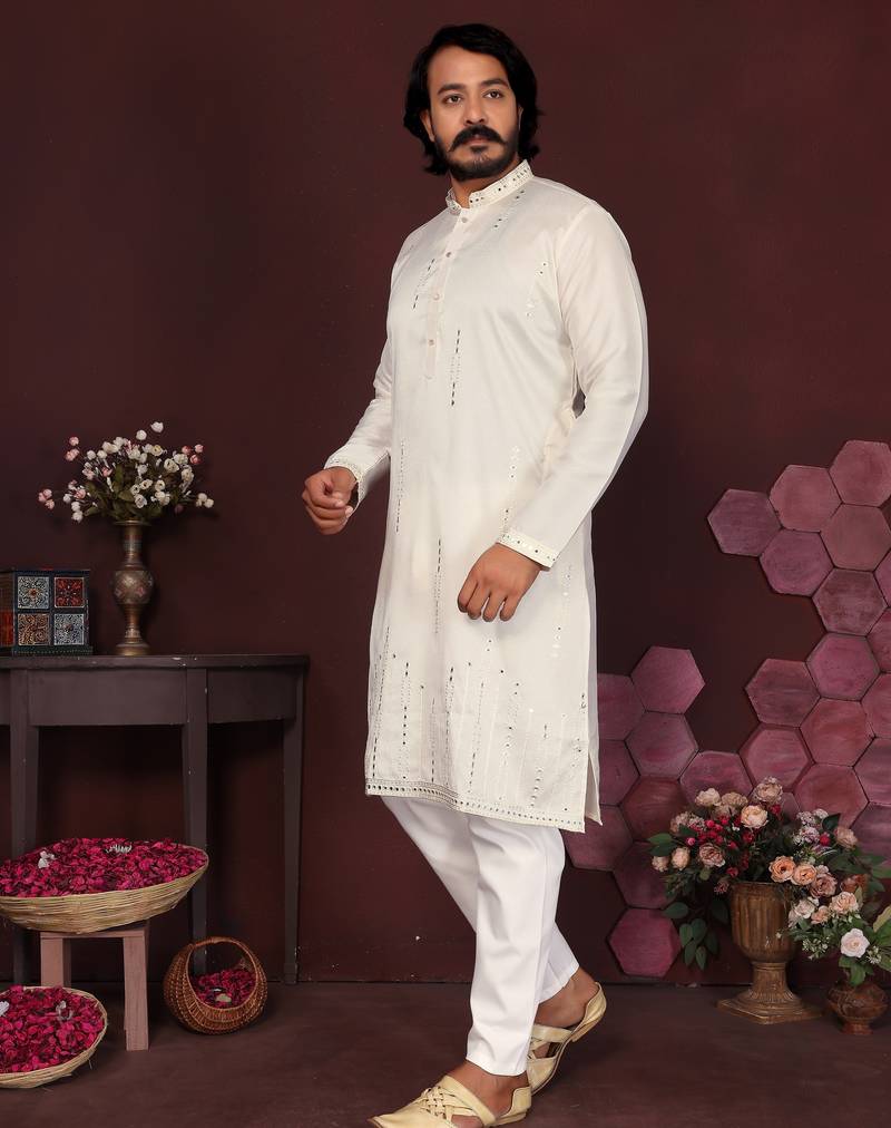 Men's white silk mirror embroidered kurta with pajama set