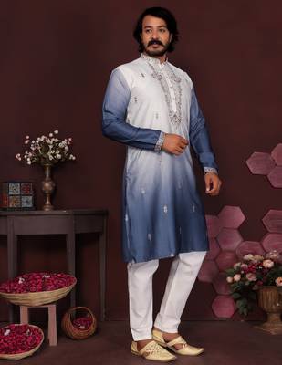 Men's blue cotton silk sequins embroidered kurta with pajama set 2
