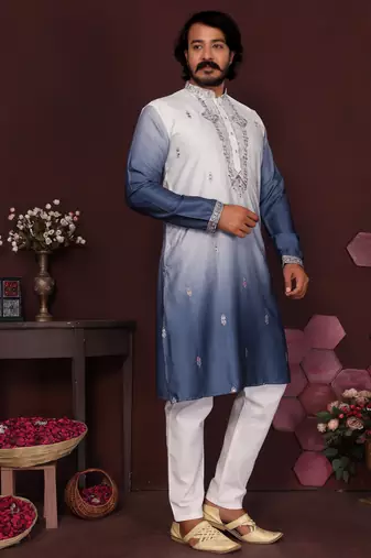 Men's blue cotton silk sequins embroidered kurta with pajama set