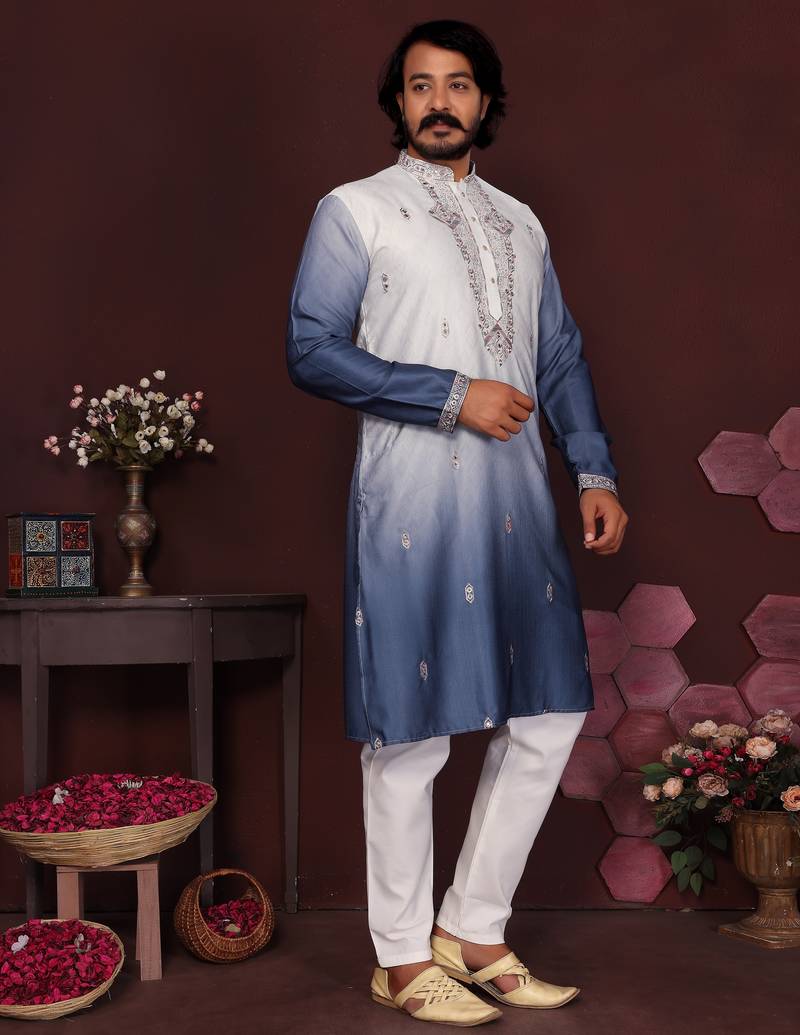 Men's blue cotton silk sequins embroidered kurta with pajama set