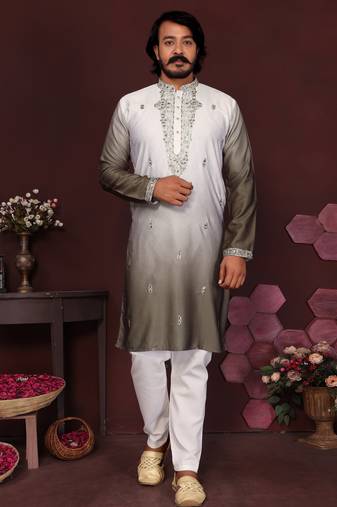 Men's mehendi cotton silk sequins embroidered kurta with pajama set