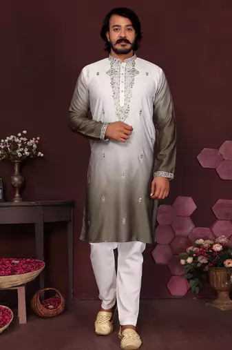 Men's mehendi cotton silk sequins embroidered kurta with pajama set
