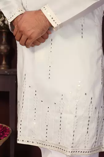 Men's white silk mirror embroidered kurta with pajama set