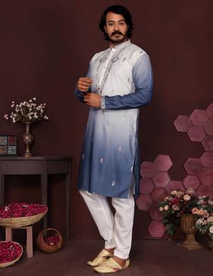 Men's blue cotton silk sequins embroidered kurta with pajama set 3