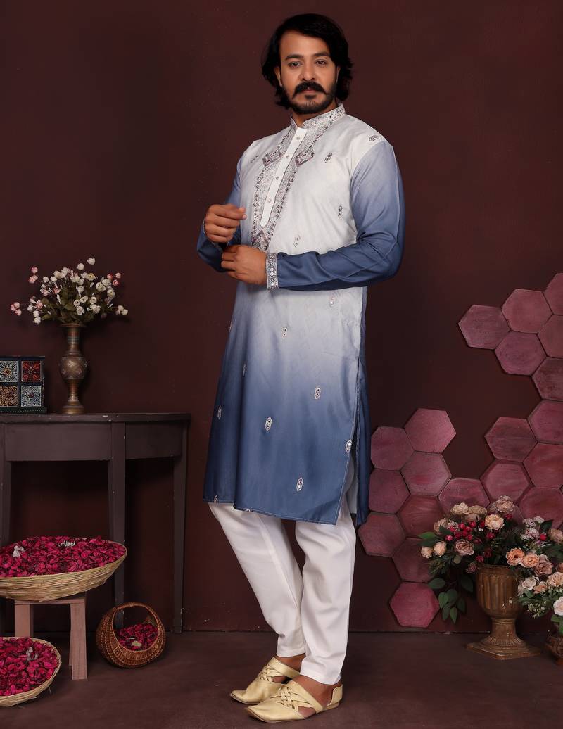 Men's blue cotton silk sequins embroidered kurta with pajama set
