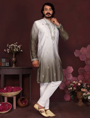 Men's mehendi cotton silk sequins embroidered kurta with pajama set 2