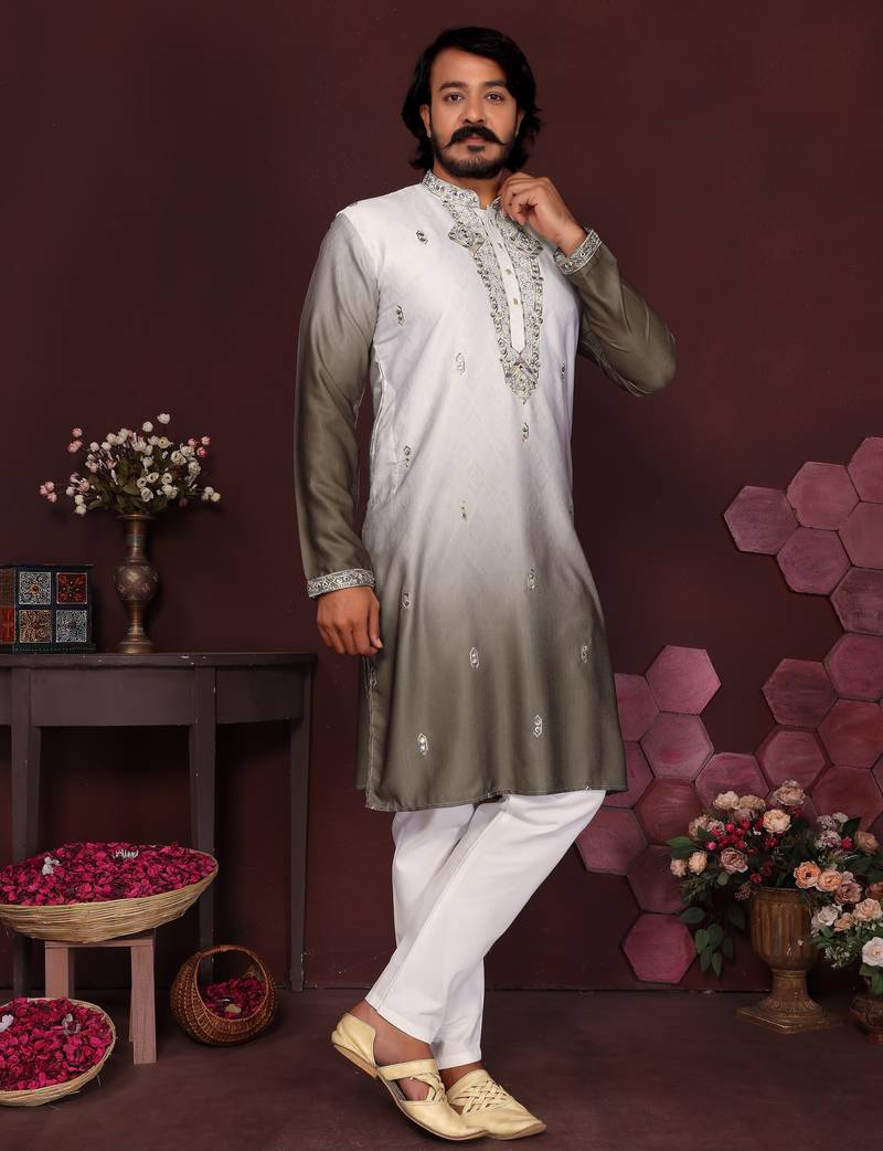 Men's mehendi cotton silk sequins embroidered kurta with pajama set