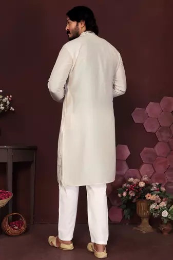 Men's white silk mirror embroidered kurta with pajama set
