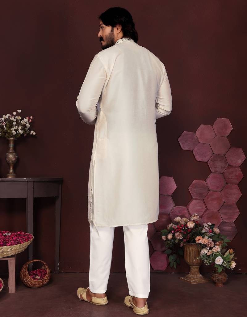 Men's white silk mirror embroidered kurta with pajama set
