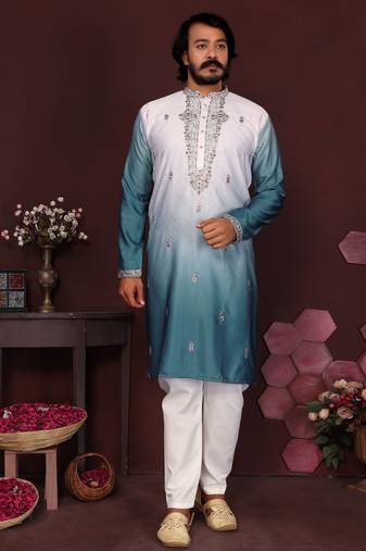 Men's teal cotton silk sequins embroidered kurta with pajama set