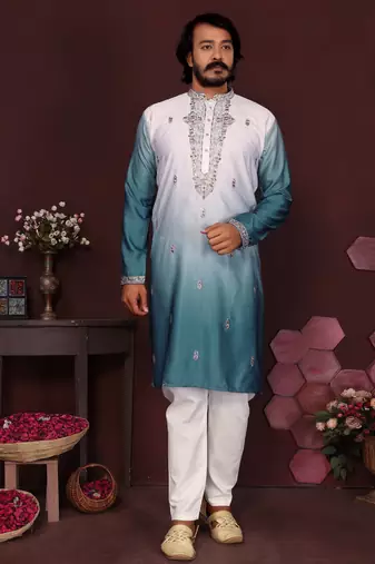 Men's teal cotton silk sequins embroidered kurta with pajama set