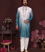 Men's teal cotton silk sequins embroidered kurta with pajama set