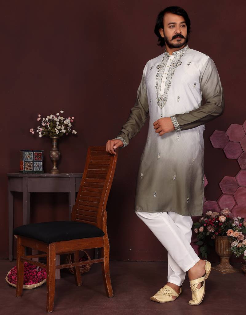 Men's mehendi cotton silk sequins embroidered kurta with pajama set
