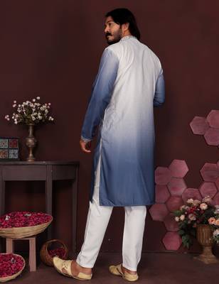 Men's blue cotton silk sequins embroidered kurta with pajama set 5