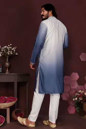Men's blue cotton silk sequins embroidered kurta with pajama set