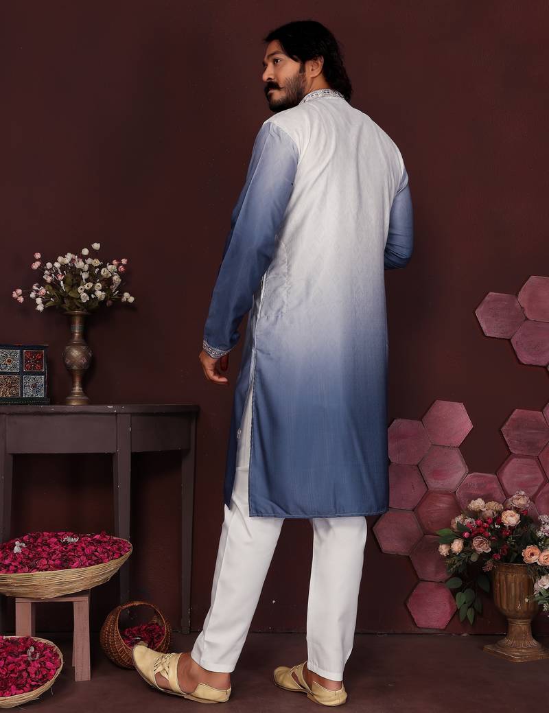 Men's blue cotton silk sequins embroidered kurta with pajama set