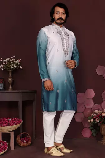 Men's teal cotton silk sequins embroidered kurta with pajama set