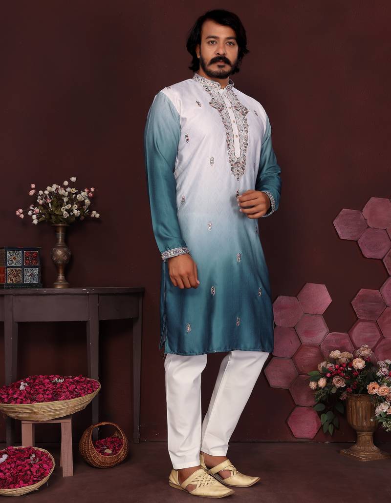 Men's teal cotton silk sequins embroidered kurta with pajama set