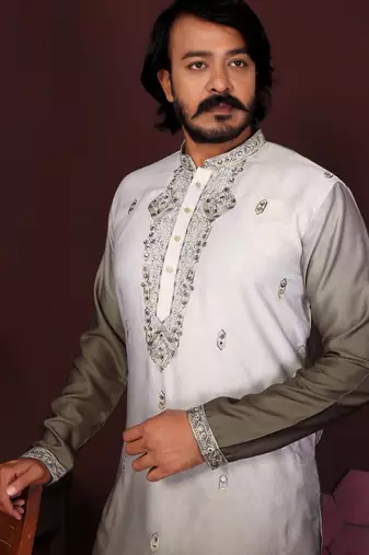 Men's mehendi cotton silk sequins embroidered kurta with pajama set