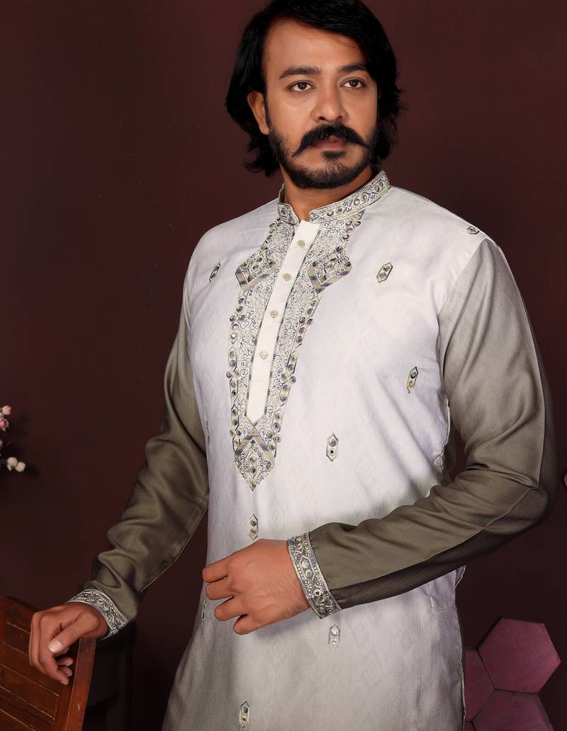 Men's mehendi cotton silk sequins embroidered kurta with pajama set