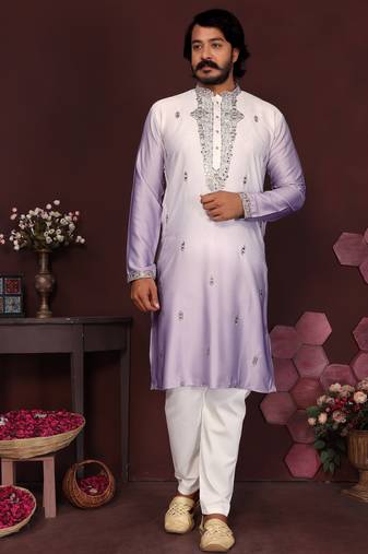 Men's purple cotton silk sequins embroidered kurta with pajama set