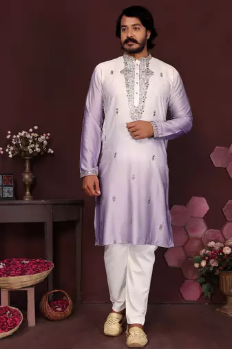 Men's purple cotton silk sequins embroidered kurta with pajama set