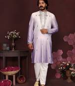 Men's purple cotton silk sequins embroidered kurta with pajama set