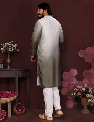 Men's mehendi cotton silk sequins embroidered kurta with pajama set 5