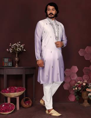 Men's purple cotton silk sequins embroidered kurta with pajama set 2