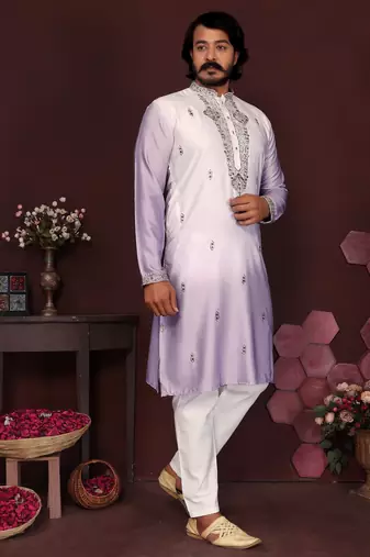 Men's purple cotton silk sequins embroidered kurta with pajama set