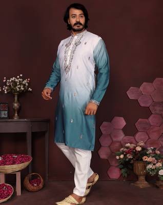 Men's teal cotton silk sequins embroidered kurta with pajama set 3