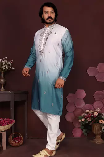 Men's teal cotton silk sequins embroidered kurta with pajama set