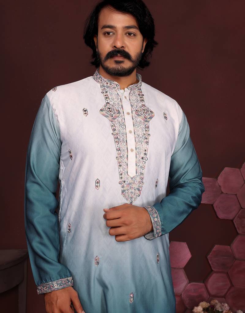 Men's teal cotton silk sequins embroidered kurta with pajama set