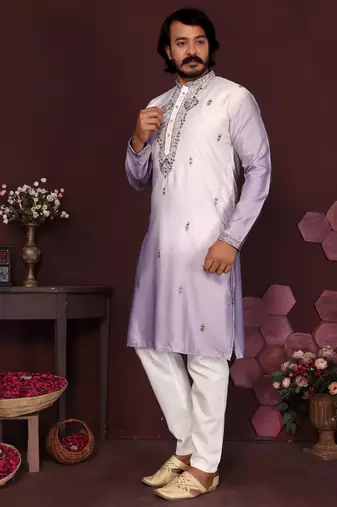 Men's purple cotton silk sequins embroidered kurta with pajama set