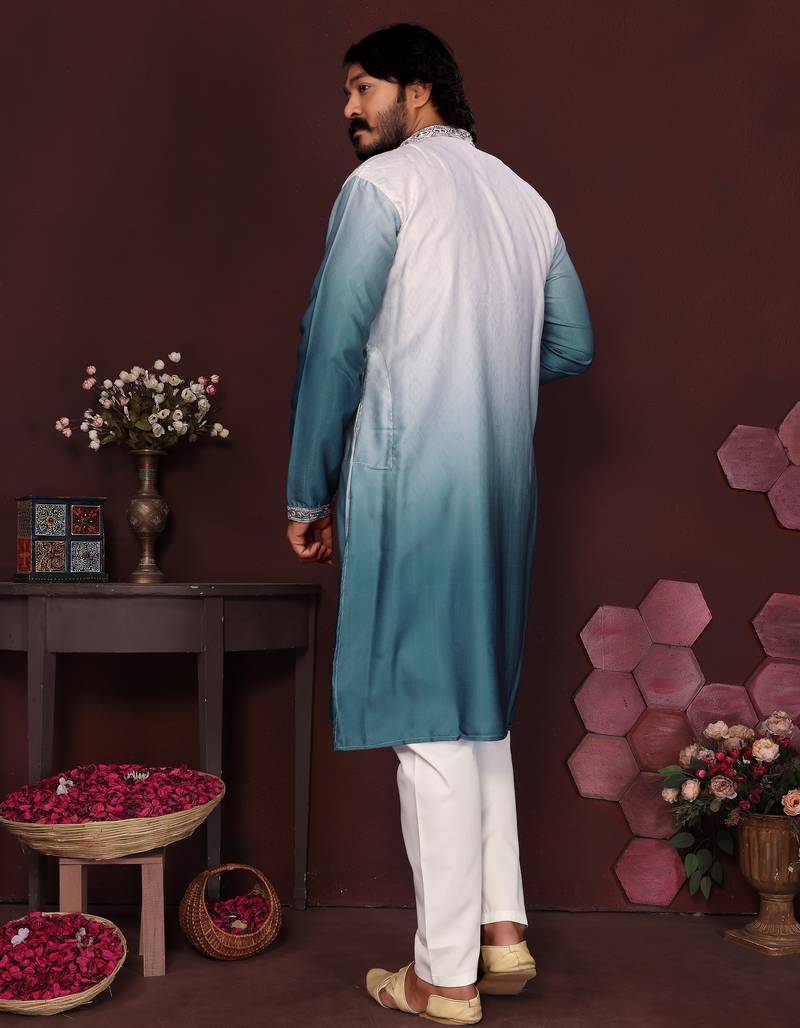 Men's teal cotton silk sequins embroidered kurta with pajama set