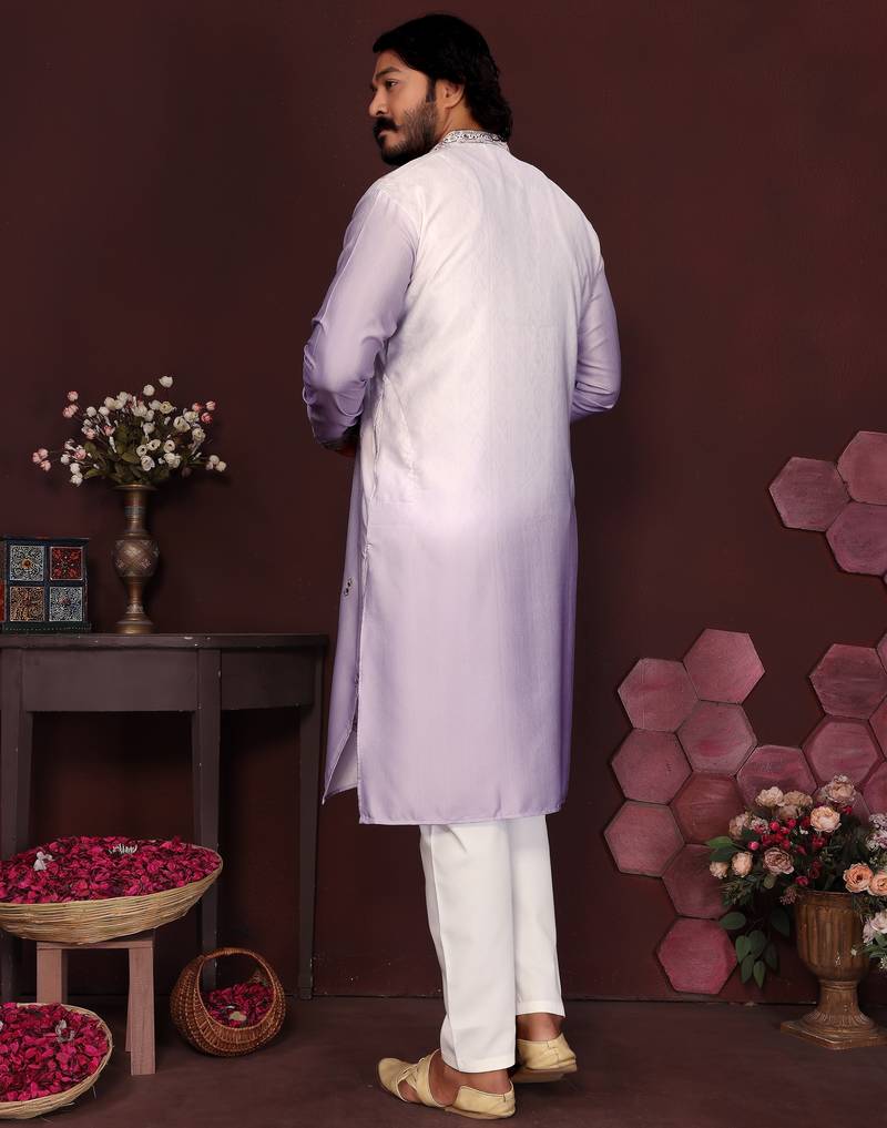 Men's purple cotton silk sequins embroidered kurta with pajama set